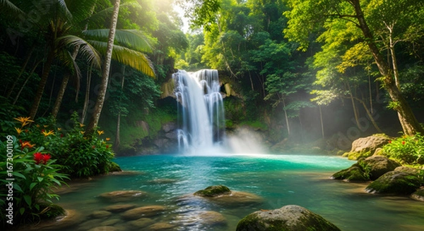 Fototapeta Serene tropical paradise: Majestic waterfall cascades into a tranquil turquoise pool surrounded by lush greenery and vibrant flowers creating a captivating landscape offering a sense of peace