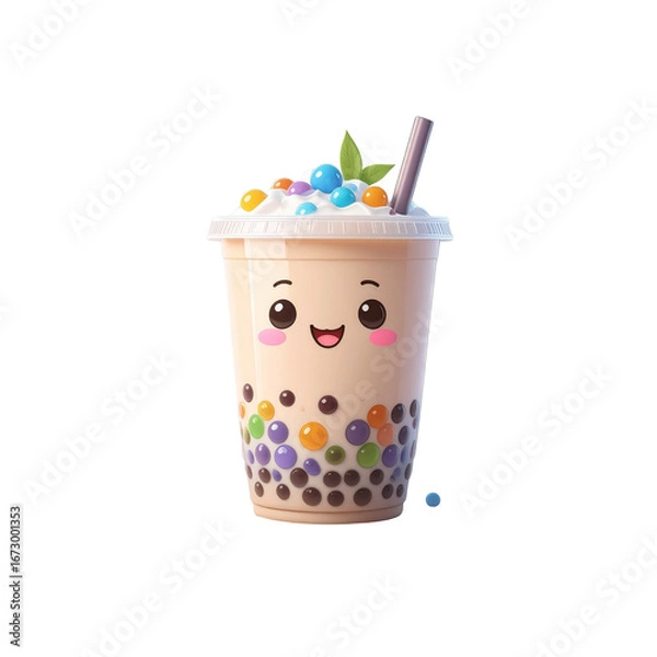Fototapeta 3D Cute kawaii bubble tea with smiling face and colorful tapioca pearls, white background
