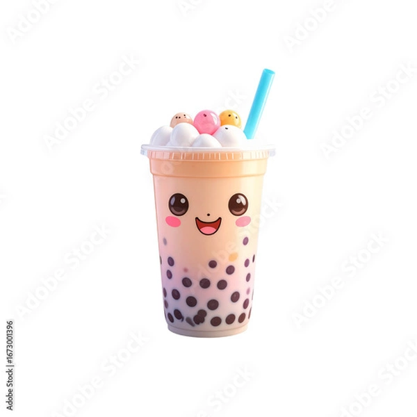 Fototapeta Cute kawaii bubble tea with smiling face and colorful tapioca pearls, white background