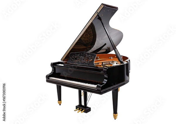 Fototapeta Grand piano open lid with intricate wood Black isolated on transparent or white background