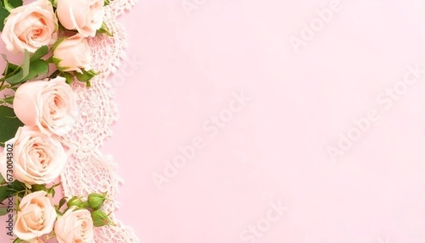 Fototapeta Soft Pink Roses and Lace Border on a Pastel Background.