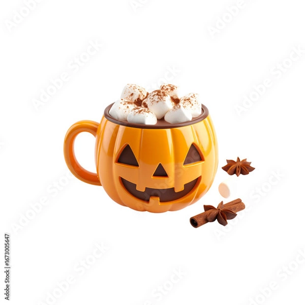 Fototapeta pumpkin face-shaped mug filled with hot chocolate and marshmallows, kawaii 3D, style halloween design, kawaii style, white background