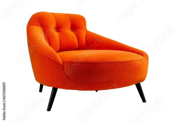 Fototapeta Orange lounge chair with tufted cushion and black legs featuring a rounded shape and modern isolated on transparent or white background
