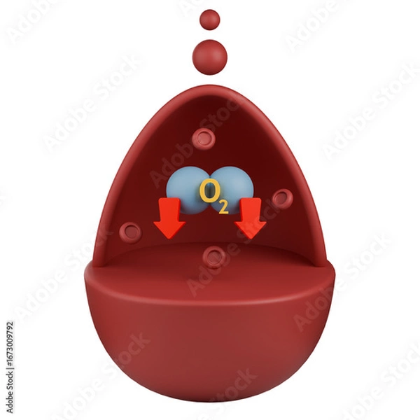 Fototapeta Hypoxemia 3d icon, shows oxygen molecule, downward red arrows and red blood cells inside large dark red blood drop.