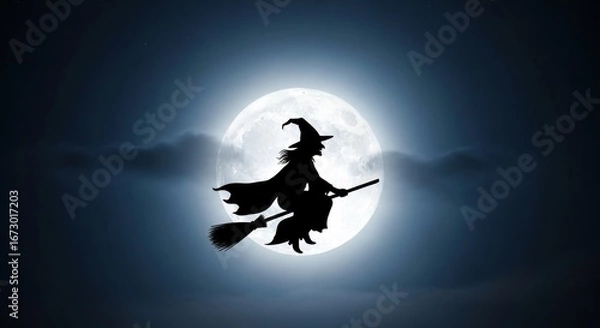 Fototapeta Witch silhouette flying on broom against a full moon in a night sky with wispy clouds