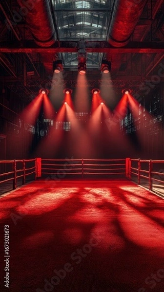 Fototapeta Spotlight illuminates an empty boxing ring in a dimly lit industrial venue showcasing dramatic red lighting
