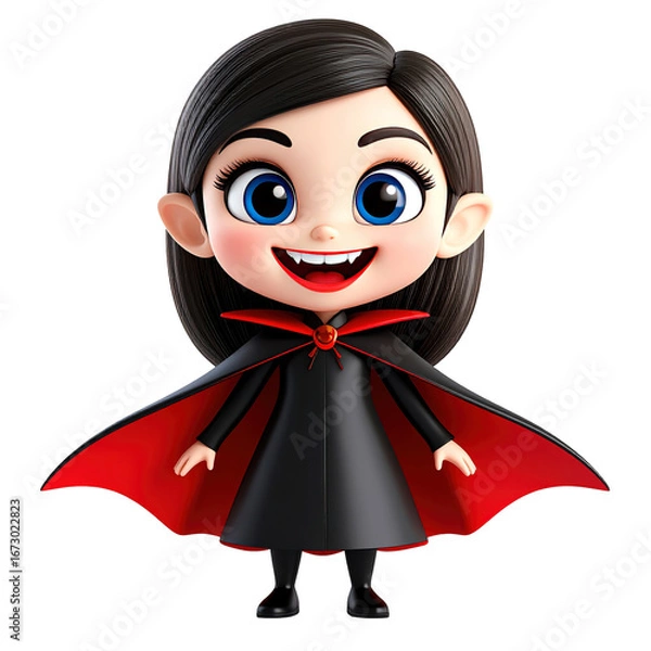 Fototapeta A cheerful, cartoon girl vampire, dressed in a black cloak with red accents,  exudes a playful Halloween spirit isolated on a transparent background.