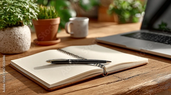 Fototapeta Open notebook with pen on wooden desk beside laptop and potted plants in natural light.