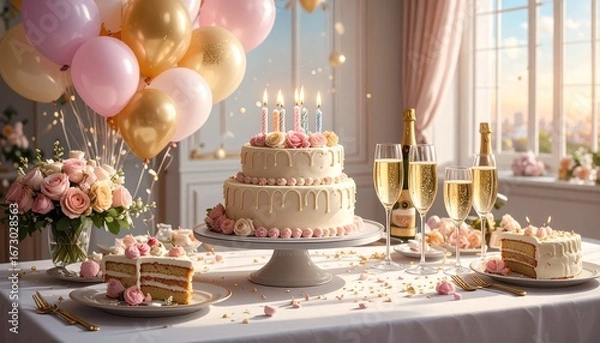 Fototapeta Elegant birthday celebration table with a beautiful tiered cake, pink and gold balloons, and glasses of champagne in a sunlit room