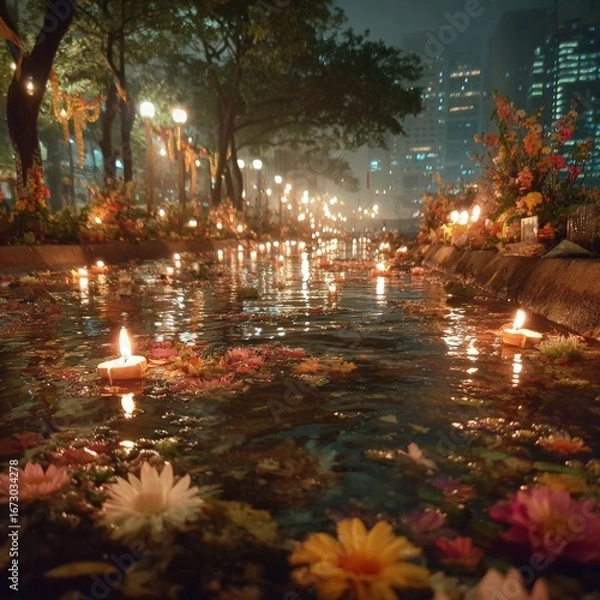 Obraz Floating Lanterns on a Serene Waterway at Night
