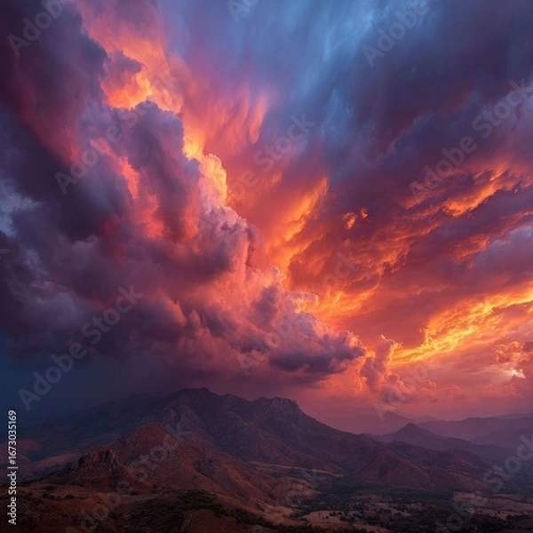Obraz Dramatic Clouds Over Mountain Landscape at Sunset