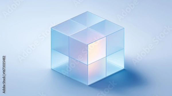 Fototapeta Minimalist 2x2 glass cube with glowing center, showcasing modern design, transparency, and light interplay. Ideal for tech, innovation, or architectural branding visuals.