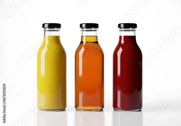 Fototapeta Three Glass Bottles Filled with Different Sauces Against a White Background