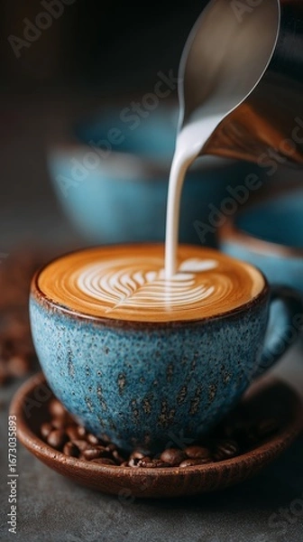 Obraz Barista Pouring Milk to Create Latte Art in Coffee Cup