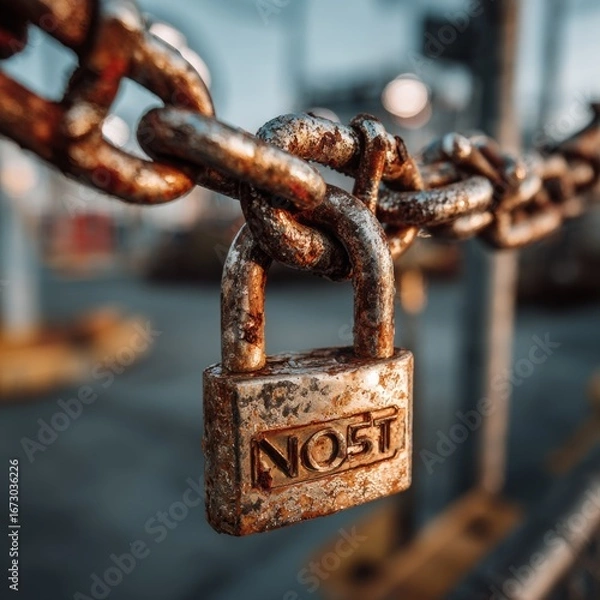 Obraz Rusty Chain with Lock in a Urban Background