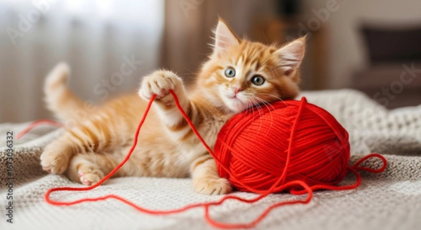 Obraz A playful orange tabby kitten is lying on a textured blanket, batting at a large ball of bright red yarn with its paw.
