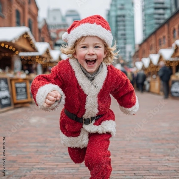 Obraz Child in Santa Costume Joyfully Running in Winter Market