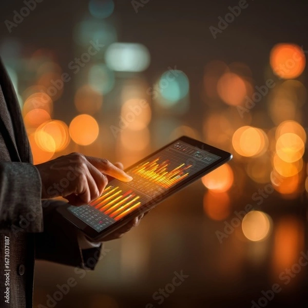 Obraz Businessman Analyzing Data on Tablet Displaying Charts