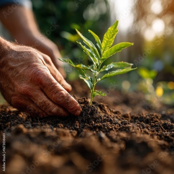 Obraz Caring Hands Planting a Small Tree Sapling in Soil
