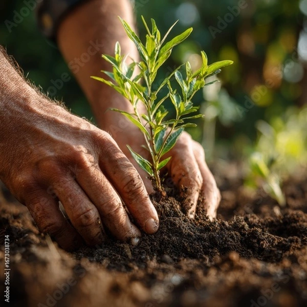 Obraz Hands Planting a Small Tree Sapling in Soil