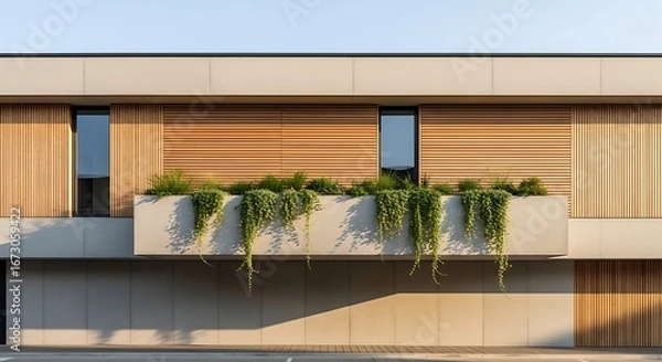 Fototapeta Modern building facade with light wood cladding, neutral concrete, and a large planter box featuring cascading green plants. Contemporary architecture with natural light and minimalist design.