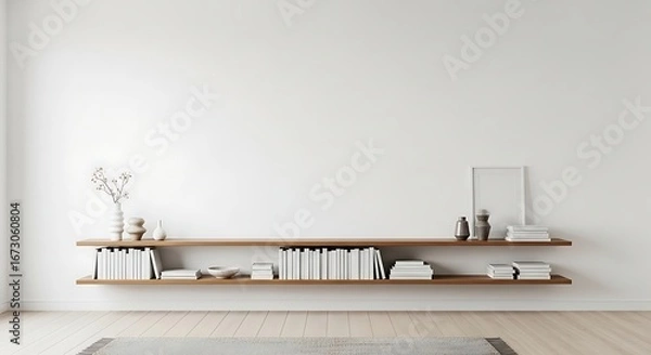 Fototapeta Stylish minimalist living room interior with light wood floor, a simple rug, and two elegant floating wood shelves displaying various books and decor in a clean, bright setting.