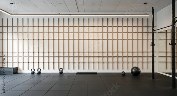 Fototapeta Modern minimalist gym interior with black rubber flooring, a distinctive white wall with wooden grid pattern, linear lighting, and various fitness equipment. Ideal for a contemporary workout space.