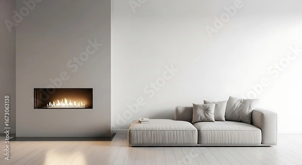 Fototapeta Serene modern living room featuring a sleek built-in fireplace with a warm flame and a comfortable light-colored sofa on light wood flooring, exuding minimalist design.