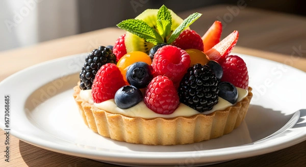 Fototapeta Exquisite fruit tart, showcasing a symphony of vibrant colors and textures, tantalizing the senses with its delicate pastry, creamy filling and luscious fresh berries, evoking a feeling of delight