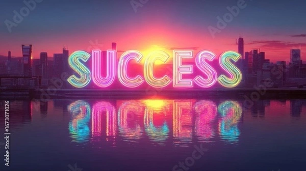 Fototapeta Vibrant Neon Sign of Success Over City Skyline at Sunrise with Reflection in Water for Motivational Themes and Concepts