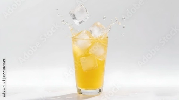 Obraz Refreshing Orange Soda Splash with Ice Cubes in Glass on White Background