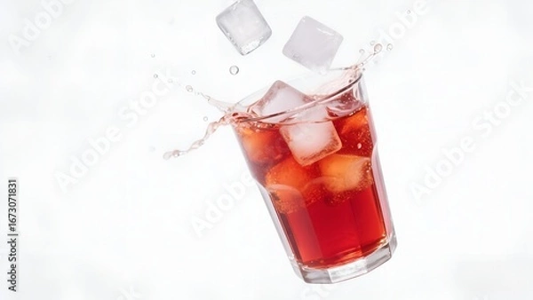 Obraz Iced Cola Splash with Ice Cubes in Glass on White Background