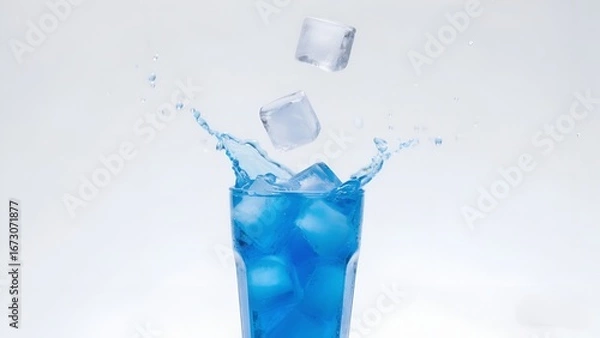Obraz Blue Cold Drink with Ice Cubes Splashing in Glass on White Background