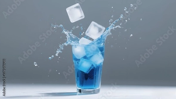 Obraz Blue Cold Drink with Ice Cubes Splashing in Glass on White Background