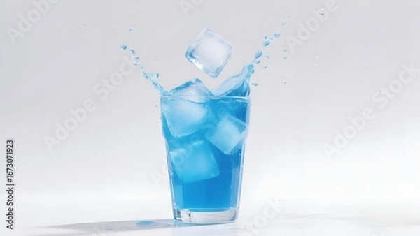 Obraz Blue Cold Drink with Ice Cubes Splashing in Glass on White Background