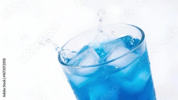 Obraz Blue Cold Drink with Ice Cubes Splashing in Glass on White Background