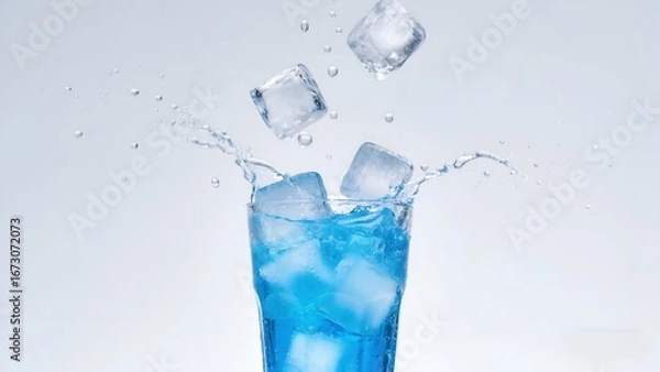 Obraz Blue Cold Drink with Ice Cubes Splashing in Glass on White Background