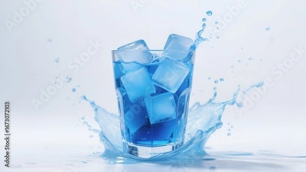 Obraz Blue Cold Drink with Ice Cubes Splashing in Glass on White Background