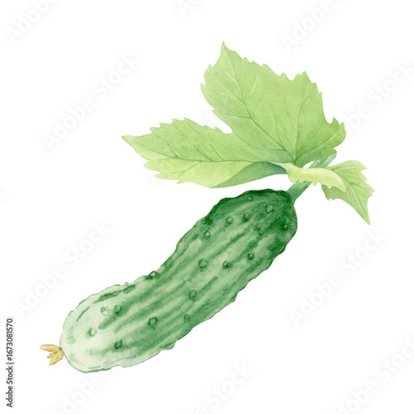 Fototapeta Watercolor illustration of cucumber and green leaf . Artistic botanical style suitable for educational materials, eco-design, packaging, patterns and decorative elements on a nature theme.