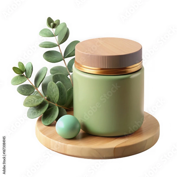 Obraz Minimalist flat lay with textured pale green jar and eucalyptus leaves on wooden stand