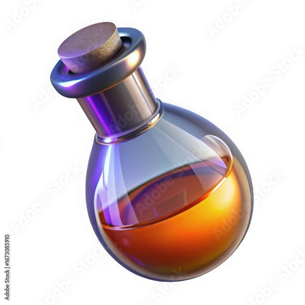 Obraz Small clear glass vial with ribbed neck filled with orange liquid and silver cap