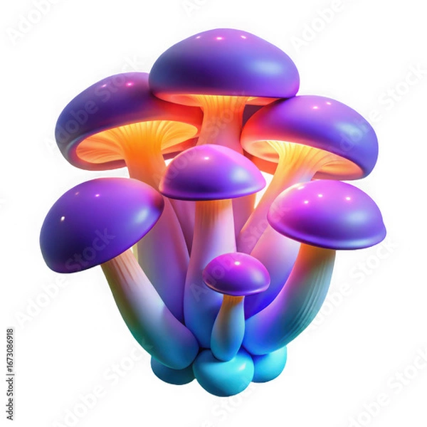 Obraz Vibrant bioluminescent mushroom cluster glowing with magical purple and yellow light
