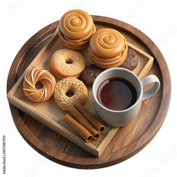 Obraz Warm rustic wooden tray with coffee and assorted cookies featuring cinnamon sticks