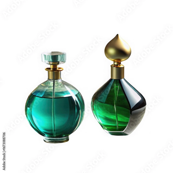 Obraz Two elegant glass perfume bottles one filled with teal liquid the other green liquid featuring gold caps