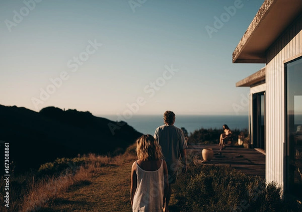 Obraz Family holiday at a beautiful location, architecturally design home, dark photo, underexposed, dramatic and beautiful, New Zealand, Australia, morning light, hazy views, healthy holidays, special mome