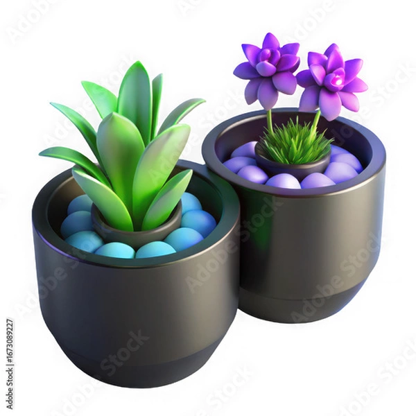 Obraz Two potted plants succulent and echeveria in cylindrical pots with decorative stones