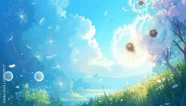 Fototapeta Abstract blurred nature background dandelion seeds parachute. Abstract nature bokeh pattern