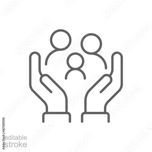 Fototapeta Family care icon. Simple outline style. Two hands holding or hugging group people, group life insurance, caring hands family medicine concept. Thin line symbol. Vector isolated design. Editable stroke