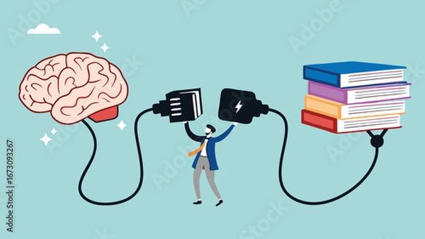 Fototapeta read books to learn new lessons, literature or intelligence information, improve literacy and numeracy skills, businessman connect plug with stack of book with human brain concept vector illustration
