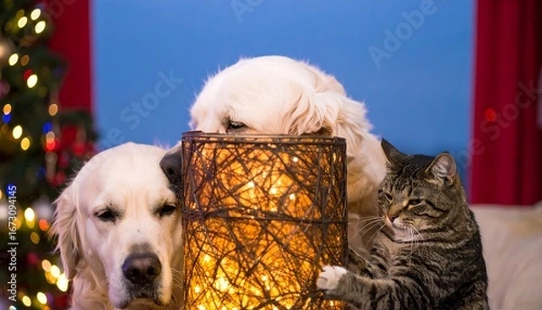 Fototapeta Two Golden Retrievers and a Tabby Cat Gathered Around a Glowing Lantern.